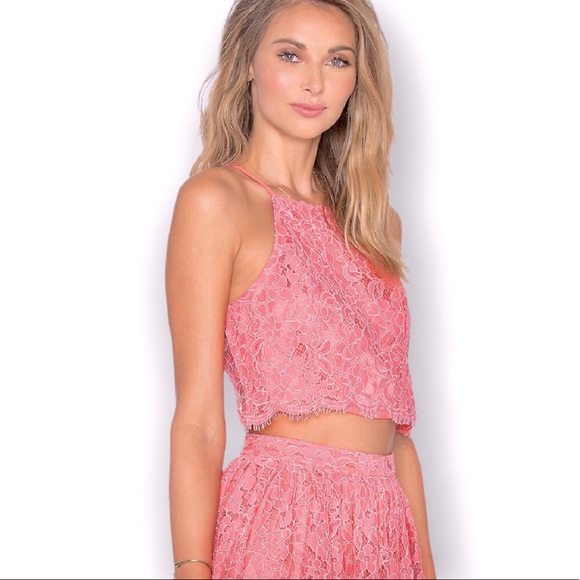 NBD Pink Floral Scallop Lace Fringe Cross-Back Halter Crop Top XSmall - Picture 7 of 16